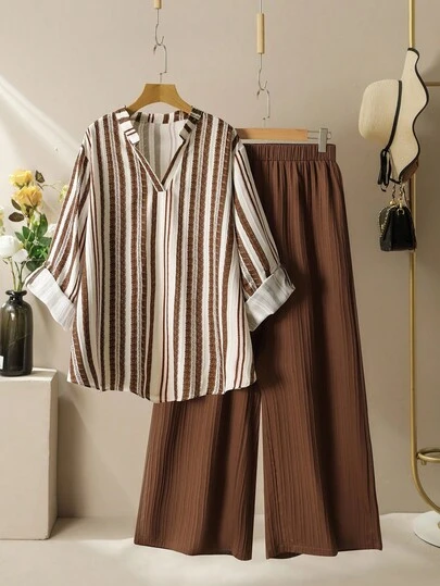 Lacomfia 女士纹理彩色条纹印花长袖衬衫和阔腿裤休闲宽松舒适大码套装