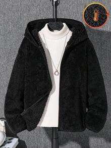 SHEIN Little Byeori 青少年男孩休閒日常舒適毛茸茸連帽寬鬆加厚長袖針織外套 秋冬款 - 黑色 - 查看 2