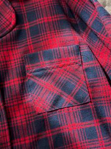 SHEIN Vintaside Kids 优雅简约勃艮第格子和海军蓝口袋设计开衫和裤子休闲家居服套装，适合少女 - 紅色 - 查看 4