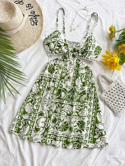 Soleia WYWH Dam Semestermusikfestival Bohemisk Stil Examen/Tillbaka till skolan Strandfest Lunch Casual Sommar Blommigt Mönster Helgstrandklänning, Söt Examen/Tillbaka till skolan Grön Blommig Broderad Hålmidja V-ringad Spaghettibandsklänning