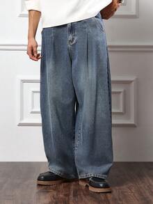 SUMWON Jean ample à jambes larges, coupe baril plissé avec taille haute, style vintage automne-hiver, décontracté, streetwear, mode japonaise, coupe ample