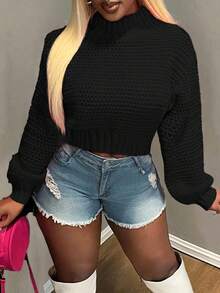 BamGleam Pulover de damă, Top de damă, Mâneci lungi tricotate, Model cu valuri, Model orizontal, Decolteu rotund, Roz, Scurt, Sexy, Lejer, Adunare prietenoasă, Four Seasons, Îmbrăcăminte de damă de toamnă și iarnă - Negru - Vizualizare 3