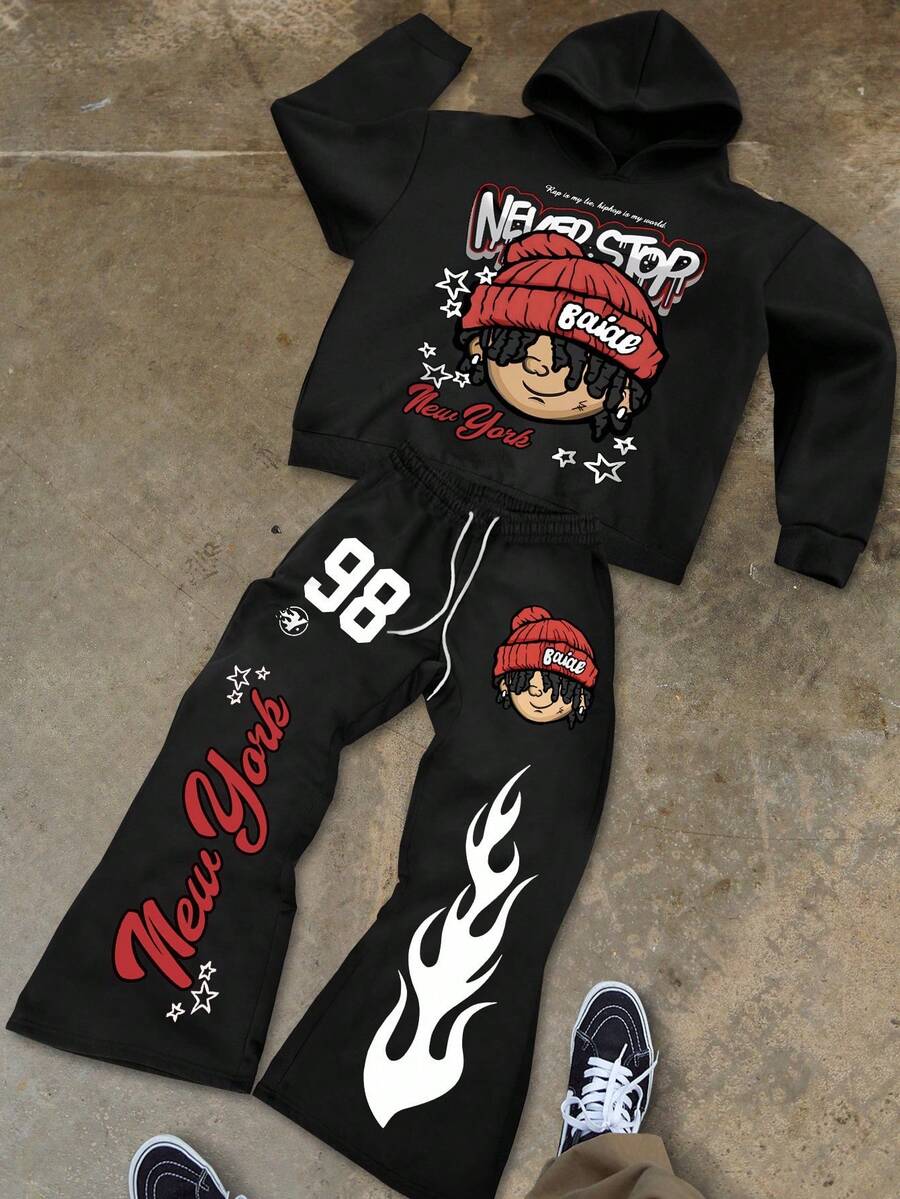 Manfinity EMRG 2pcs Men Cartoon & Numeric Graphic Print Streetwear Hoodie & Flared Sweatpants Set, Fall Outfit - Black - View 1