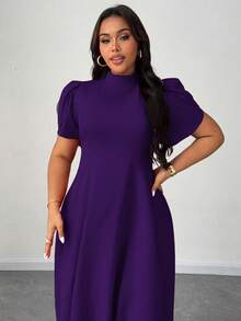 Vionelle 大码女式短袖连衣裙，休闲简约日常穿搭，收腰A字廓形，优雅高领紫色连衣裙，适合度假休闲穿着 - 紫色 - 查看 4