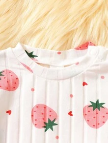 2pcs/Set Newborn Baby Girls Cute Cartoon Strawberry Print Knitted Elastic Ribbed Long Sleeve Top And Elastic Waist Pants, Suitable For Spring, Summer, Autumn And Winter, Suitable For Daily Life And Leisure Fall - Multicolor - View 6