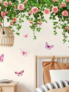 1pc Fanyu Rose Vine Butterfly Wall Stickers - Self-Adhesive Removable PVC Decals With Pink Roses, Green Leaves & Purple Butterflies For Walls, Plastic Surfaces - Fantasy Floral Decor, Semi-Matte Finish, Butterfly Decorations