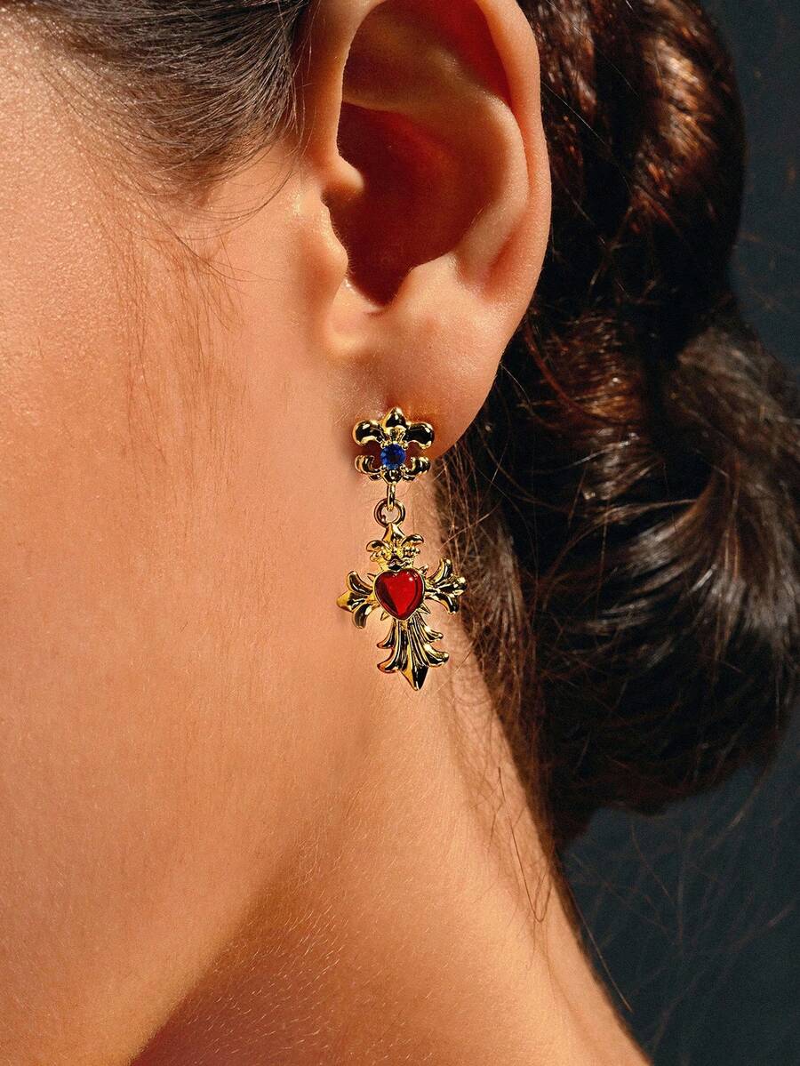 Glisma 万圣节 18K 镀金十字架耳环，镶嵌彩色水钻，男女通用耳环，派对，夜总会，购物，复古，高级，锆石，水钻，十字架，西方珠宝，老钱，服装，哥特式/哥特，宝石，秋季/秋季/冬季，适合妈妈/女士/女孩/母亲，高级 - 金色 - 查看 1