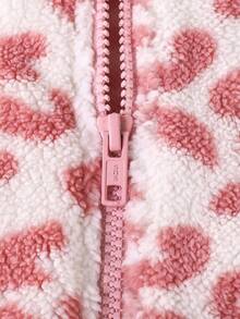 SHEIN Young Girl'' Cute Plush Leopard Print Stand Collar Drop Shoulder Zipper Knit Hem Jacket, Suitable For Daily, Leisure And Vacation Girls Pink Leopard Jacket Kids Fleece Jacket Toddler Girl Jacket Girls Spring Jacket Pink Tutu Skirt Fall Winter - Pink - View 5
