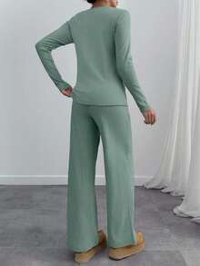 EURMUSE Women Solid Color Crew Neck Long Sleeve Fashionable Versatile Two Pieces Top And Pant Set Lounge Sage Green Autumn Casual - Mint Green - View 2