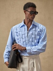 AKNOTIC Business Casual 男士条纹梭织简约休闲长袖衬衫 - 藍白色 - 查看 4