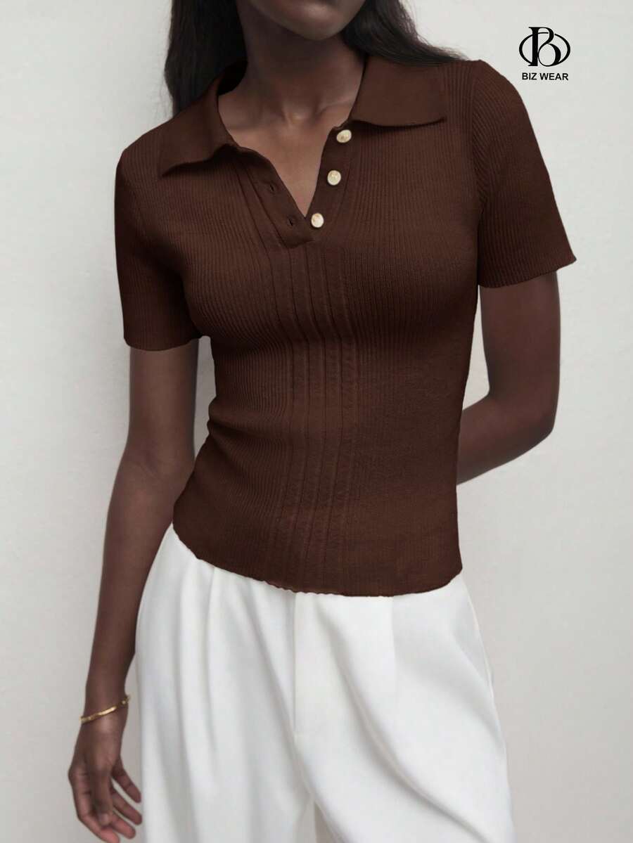 BizChic 2025 秋冬新款深咖啡色不对称罗纹针织 Polo 领半拉链纽扣女毛衣，现代优雅时尚商务休闲办公装，百搭经典简约浪漫适合正式场合、派对、婚礼、海滩、休闲外出、国庆、新年、圣诞节、感恩节