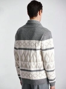 Manfinity CityGents Cárdigan de hombre con patrón geométrico de bloques de color, otoño/invierno - Gris - Ver 4