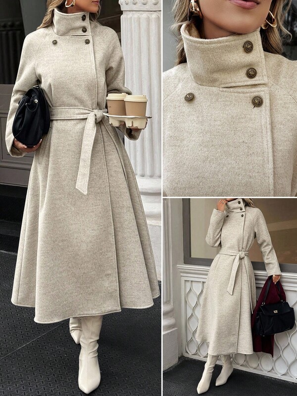 Xyvia معطف صوفي طويل بياقة عالية وحزام للنساء، طراز المال القديم، ملابس نسائية للمكتب والخروج، ملابس خريفية للنساء