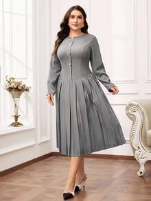 Modelyn Đầm xòe thanh lịch cổ tròn tay dài màu trơn cỡ lớn cho nữ, thiết kế nút kim loại, viền xếp ly - Màu xám đen - Xem 5
