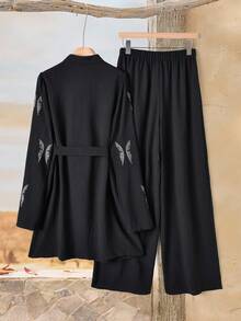 Rusticease 2件套女士日常休闲腰带上衣和裤子套装 - 黑色 - 查看 2