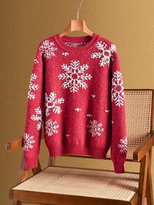 Rusticease 女士休闲雪花图案毛衣，秋冬乡村圣诞毛衣，新年秋冬毛衣 - 黑色 - 查看 3