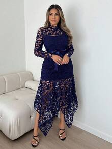 Lyxana Fashionable Sexy Casual Hollow Design Women Dress - Navy Blue - View 3