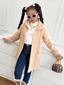 Sparklyn 青少年女孩休闲百搭家居服日常校服罗纹针织连帽长款开衫夹克，秋冬秋季 - 卡其色 - 查看 3