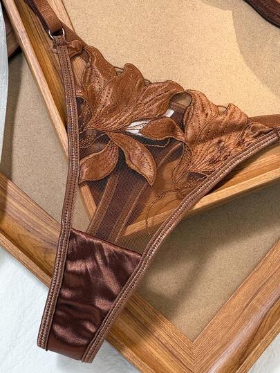 Leaf Geborduurde Mesh Doorschijnende BH String Set, Verleidelijke Lingerie Boobless Set Butterfly Underwire Bruin Kanten view 4