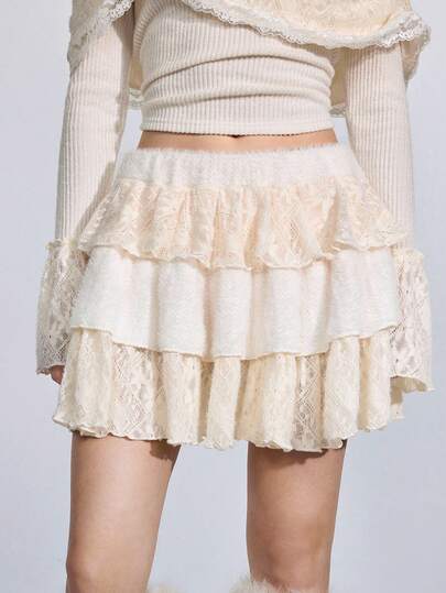 ROMWE Avant Women's Elastic Waist Lace Cake Style Short Skirt