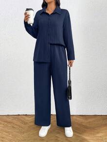 SHEIN Tall Tall系列女装秋季宽松搭配纹理面料两件套 - 藏蓝色 - 查看 3