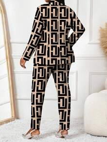 SHEIN Lady 秋冬优雅针织翻领纽扣长袖大码蓬松外套 - 彩色 - 查看 2