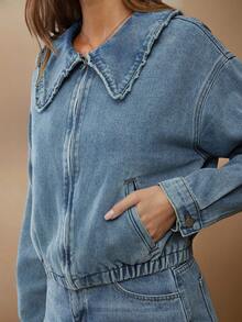 WESTFADE Ruffle Collar Zipper Front Elastic Waist Relaxed Fit Cotton Blend Denim Bomber Jacket Fall, Autumn, Winter, Nashville Country Concert, Boho, Casual Cute Western Wear - Light Wash - View 5