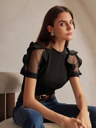 Anewsta Women's Round Neck Ruffle Trim Fitted Elegant Charming Short Sleeve T-Shirt