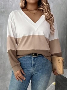 EMERY ROSE Camiseta de manga larga de talla grande para mujer con bloque de color, camiseta gráfica para otoño y primavera - Multicolor - Ver 3