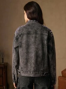 Anewsta Giacca di jeans nera con decorazioni di diamanti, adatta per autunno/inverno, Natale, Capodanno, feste, elegante, di lusso, formale, chic, laurea - nero - Visualizzare 3