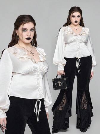 EDITION Blouse à encolure en V, volants et manches bouffantes de style médiéval vintage pour femmes grandes tailles