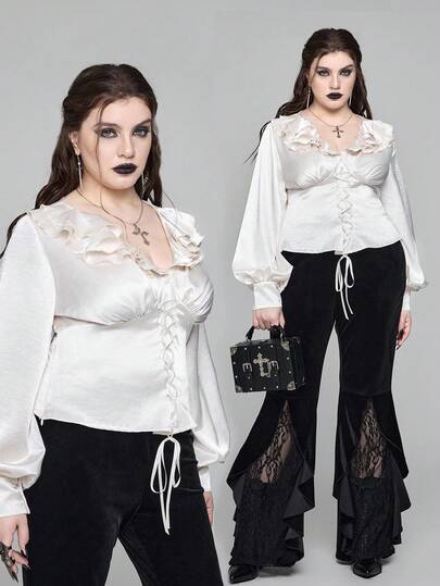 EDITION Blouse à encolure en V, volants et manches bouffantes de style médiéval vintage pour femmes grandes tailles