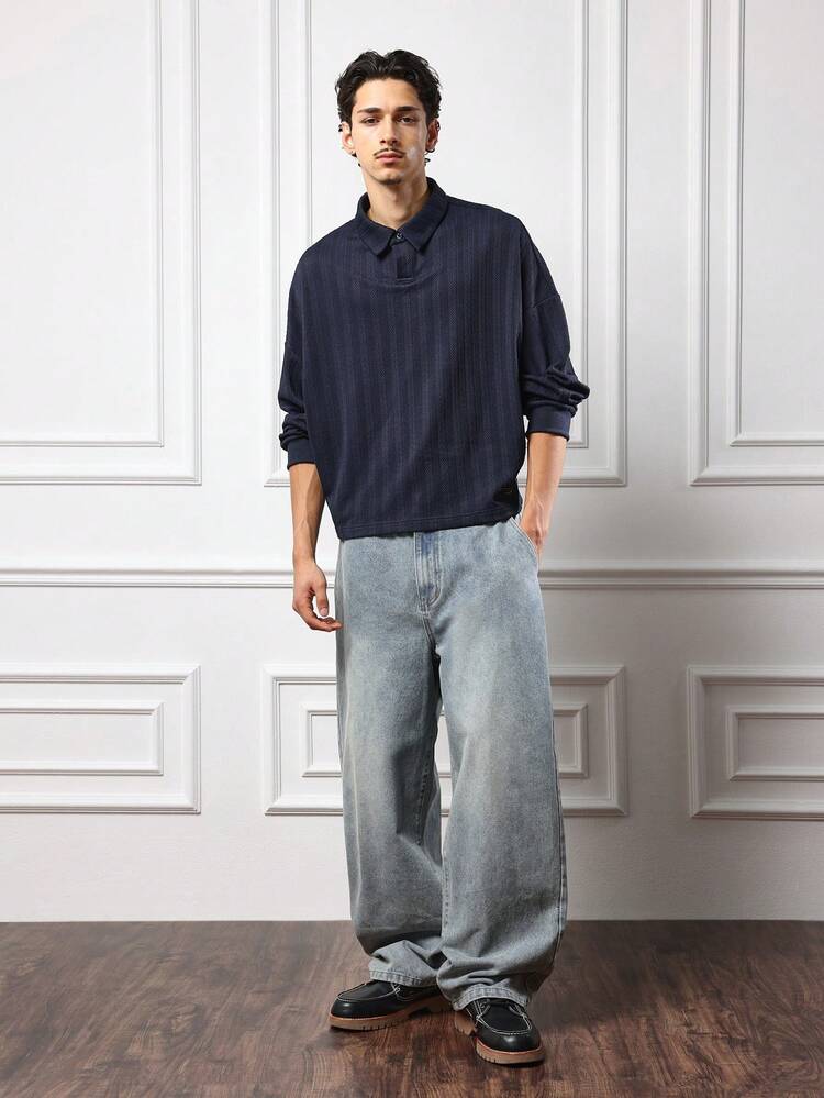 Suéter Polo Texturizado SUMWON para Homens, Caimento Quadrado, Manga Longa, Padrão Canelado, Comprimento Regular, Estilo Casual de Rua, Moda de Outono, Liso