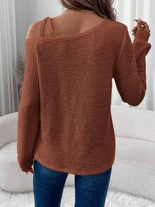 SHEIN LUNE 女士休闲/工作华夫格纹理灯笼袖不对称肩长袖T恤，秋冬 - 紅木色 - 查看 2