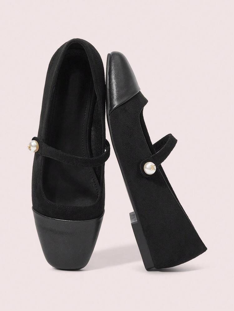 CUCCOO DOLLMOD Women's Black Square Toe Faux Pearl Decor Mary Jane Flats, Comfortable For Commuting, Party, Shopping Spring Shoes