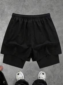 Manfinity Sport Corelite 男士十字标志印花二合一运动短裤 - 黑色 - 查看 2