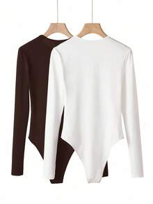 SHEIN BASICS 2件套休闲纯色针织圆领长袖女式紧身衣 - 棕色 - 查看 4