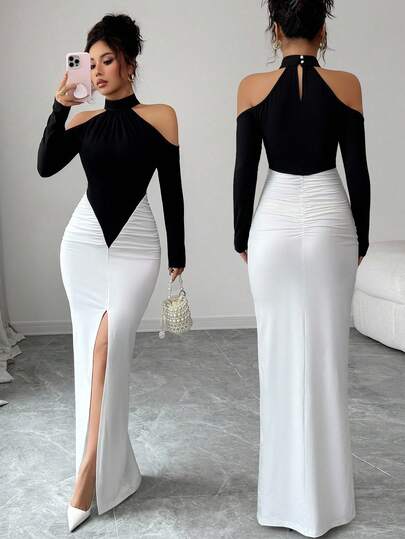 Gloray New Autumn/Winter Black & White Color Block Patchwork Design, Sexy High Slit, Off-Shoulder Long Sleeve Ruched Bodycon Maxi Dress, Elegant For Party, Gala, Wedding, Halloween, Christmas