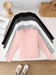 SHEIN Tween 女童休闲基础款纯色针织弹力长袖汗衫上衣多件套，非常适合秋冬季休闲日常穿着和上学日常，必备百搭，母女搭配 - 彩色 - 查看 5