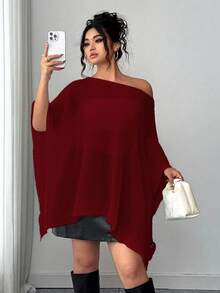 Elenzga Plus Size Women Asymmetric Hem Batwing Sleeve Loose Sweater - Burgundy - View 5