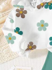 SHEIN 2 件套女婴休闲可爱全身花卉印花连帽运动衫和紧身裤套装，可爱甜美，适合秋冬季日常和户外穿着