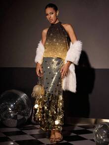 Glamance ORANGE STUDIO Sequin Ombre Women's Shirt, Party Style, Autumn/Winter Sequin Outfit Women Gold Party Blouses