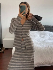 DAZY 女式秋季针织条纹圆领上衣和宽松短裙两件套 - 灰色 - 查看 1