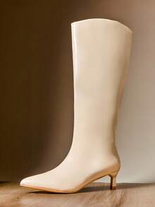 SHUZIA Damen minimalistische, bequeme, sexy Spitzschuh Katzenfersen Kniehohe Stiefel - Beige - Übersicht 3