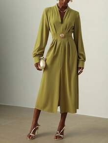 Vesra Vestido de manga larga de unicolor con botón decorativo de metal y dobladillo dividido en la cintura para mujer