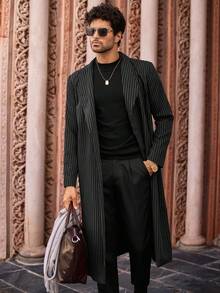 Manfinity VCAY Men's Casual Black & White Vertical Striped Mid-Length Windbreaker, Autumn/Winter - Black and White - View 5