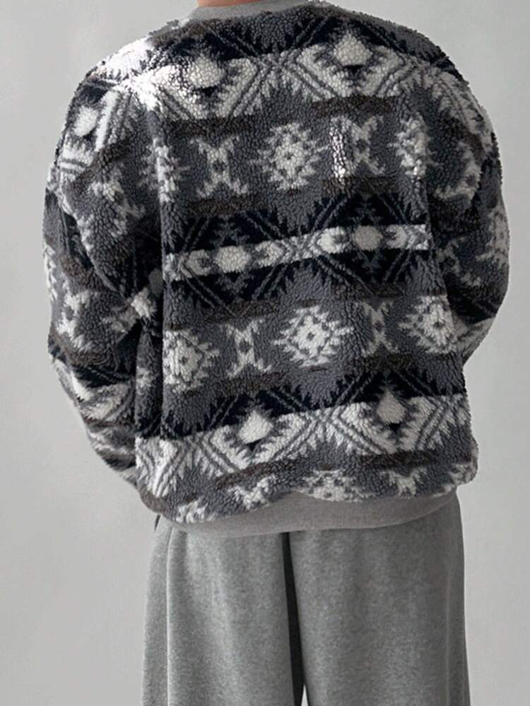 Men's Geometric Print Thermal Lined Pullover Sweatshirt, Autumn/Winter Thermal Lined, New Year, Christmas