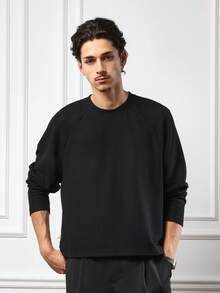 SUMWON 宽松长袖华夫格针织插肩袖圆领上衣家居服毛衣冬季秋季简约基本款休闲街头服饰 - 黑色 - 查看 2