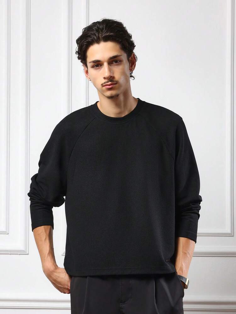 SUMWON Top de jogging à manches longues, col rond, tricot gaufré, coupe ample, style minimaliste, basique, casual, streetwear, uni