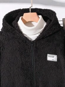 SHEIN Bộ 2 áo khoác hoodie thêu họa tiết thường ngày và quần jogger cho trẻ em/bé trai, thoải mái và đa năng - màu đen - Xem 6